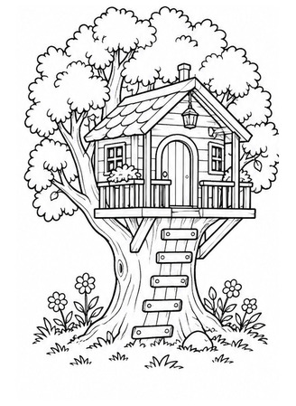 Ausmalbild Baumhaus mit Veranda