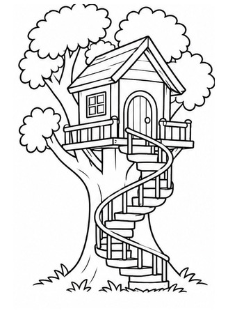 Ausmalbild Baumhaus mit Wendeltreppe