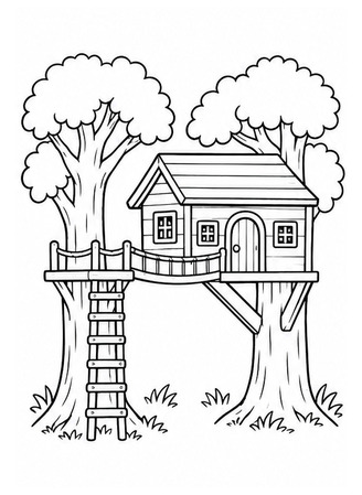 Ausmalbild Baumhaus zwischen zwei Bäumen