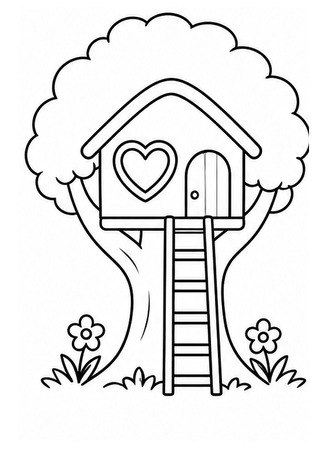 Ausmalbild Einfaches Baumhaus mit Herzfenster