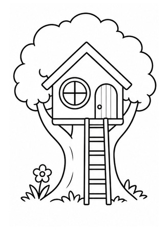 Ausmalbild Einfaches Baumhaus mit Rundfenster