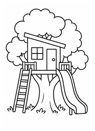 Ausmalbild Einfaches Baumhaus mit Rutsche
