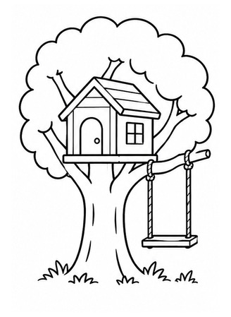 Ausmalbild Einfaches Baumhaus mit Schaukel