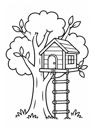 Ausmalbild Einfaches Baumhaus mit Strickleiter