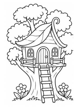 Ausmalbild Märchen Baumhaus mit Blattdach
