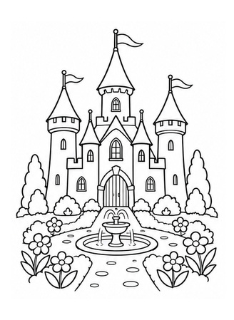 Ausmalbild Burg mit Schlossgarten und Brunnen