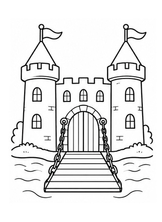 Ausmalbild Burg mit Zugbrücke und Wassergraben