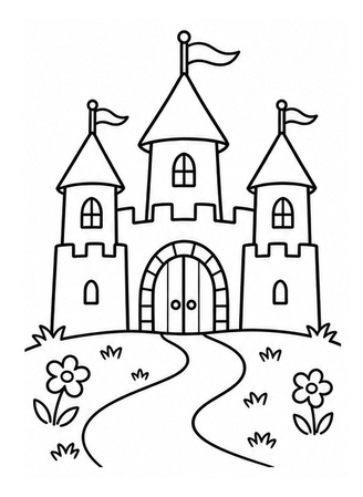 Ausmalbild Einfache Burg mit Blumenweg