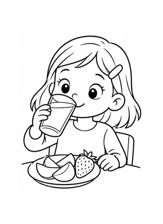 Ausmalbild Kind frühstückt mit Obst und Milch