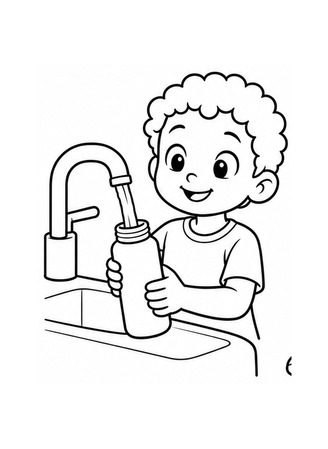 Ausmalbild Kind füllt Trinkflasche mit Wasser