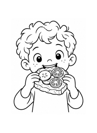 Ausmalbild Kind isst Brot mit Gemüse
