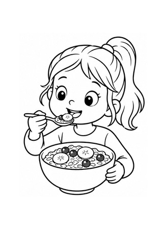 Ausmalbild Kind isst Müsli mit Obst
