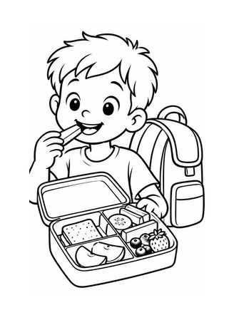 Ausmalbild Kind isst aus gesunder Pausenbox