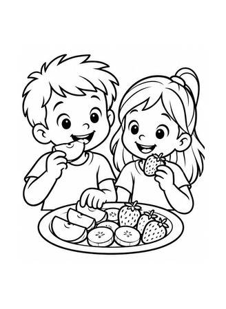 Ausmalbild Kinder teilen Obstteller