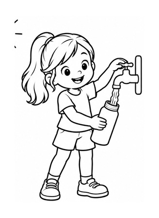 Ausmalbild Kind füllt Trinkflasche