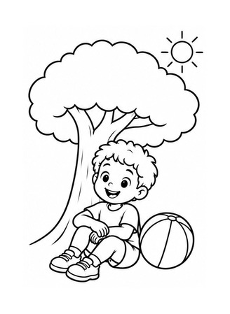 Ausmalbild Kind macht Pause unter Baum