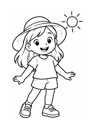 Ausmalbild Kind mit Sonnenhut und Sommerkleidung