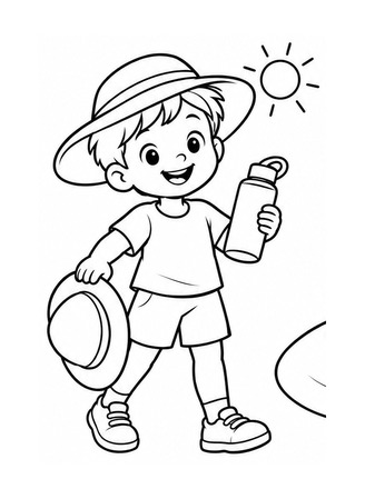 Ausmalbild Kind nimmt Sonnenhut und Trinkflasche mit