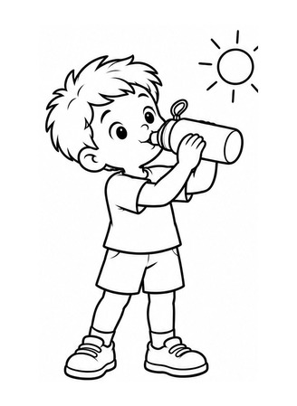 Ausmalbild Kind trinkt bei Sonne Wasser