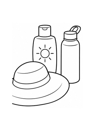 Ausmalbild Sonnencreme Sonnenhut und Trinkflasche