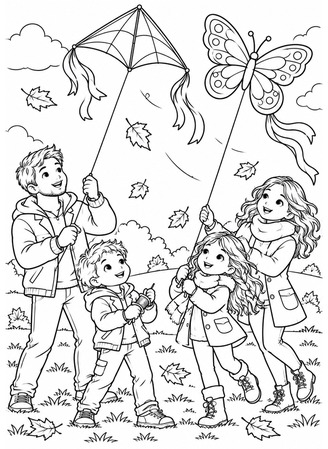 Ausmalbild Familie mit zwei Drachen im Herbst