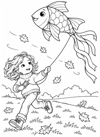 Ausmalbild Mädchen mit Fisch Drachen