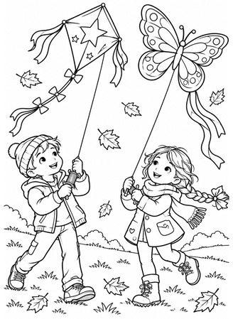 Ausmalbild Zwei Kinder mit Stern und Schmetterlings Drachen