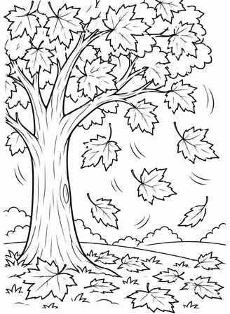 Ausmalbild Grosser Herbstbaum im Wind