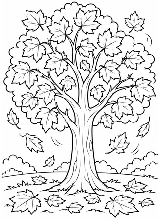 Ausmalbild Herbstbaum mit fallenden Blättern