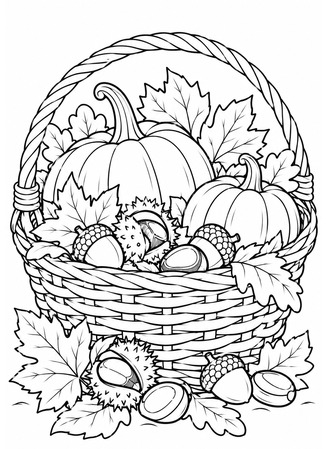 Ausmalbild Herbstkorb mit Kürbissen und Kastanien