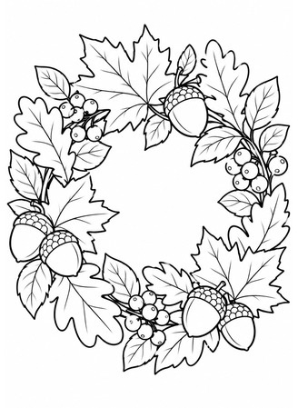 Ausmalbild Herbstkranz mit Eicheln und Beeren
