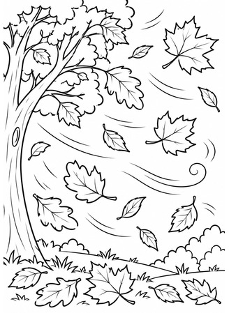 Ausmalbild Herbstwind mit fallenden Blättern