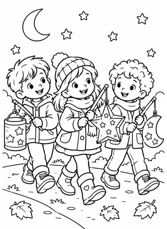 Ausmalbild Drei Kinder beim Laternenumzug