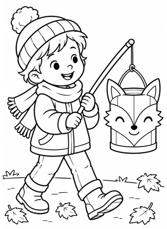 Ausmalbild Kind mit Fuchs Laterne