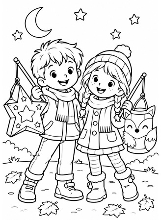 Ausmalbild Zwei Kinder mit Stern und Fuchs Laterne