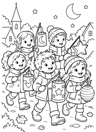 Ausmalbild Kinder beim Martinsumzug