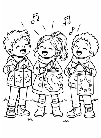 Ausmalbild Kinder singen mit Laternen