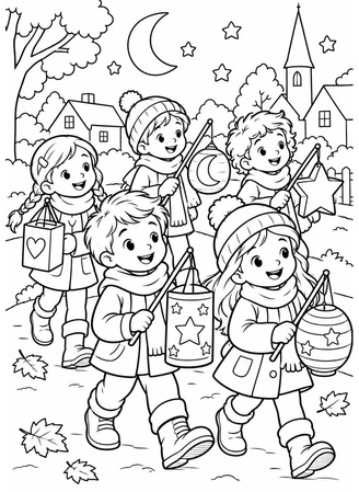 Ausmalbild Laternenumzug mit Kindern