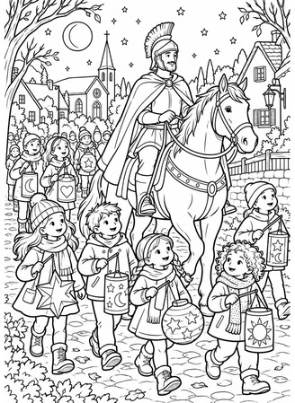 Ausmalbild St Martin mit Kindern und Laternen