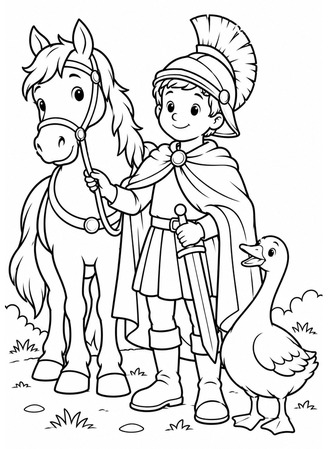Ausmalbild St Martin mit Pferd und Martinsgans