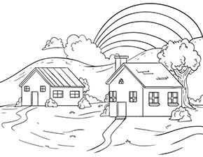 Ausmalbild Regenbogen hinter Häusern