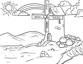 Ausmalbild Regenbogen hinter Windmühle