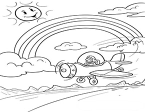 Ausmalbild Regenbogen und Flieger