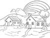 Ausmalbild Regenbogen hinter Häusern