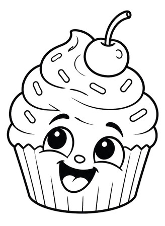 Kawaii Essen Ausmalbilder mit einem fröhlichen Cupcake