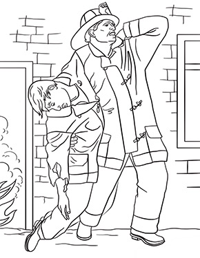 Ausmalbild Feuerwehrmann rettet Mann