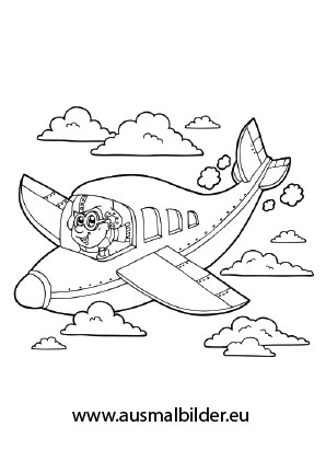 Ausmalbild Pilot mit grossem Flugzeug