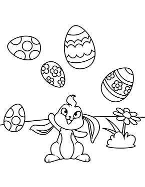 Ausmalbild Osterhase jongliert mit 5 Eiern