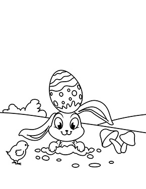 Ausmalbild Osterhase mit Ei auf Kopf