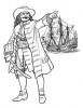 Ausmalbild Piratencapitain mit Schiff